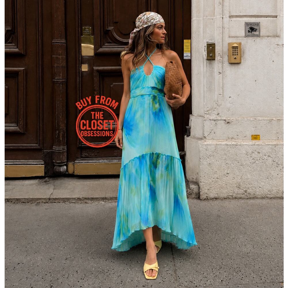 Mango NWT Blue Watercolor Halter Pleated Maxi Dress 6 8 - Picture 13 of 16